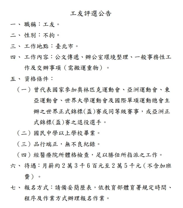 中央銀行開出工友職缺,但資格要求和待遇讓人看傻眼。(中華民國跆拳道協會)