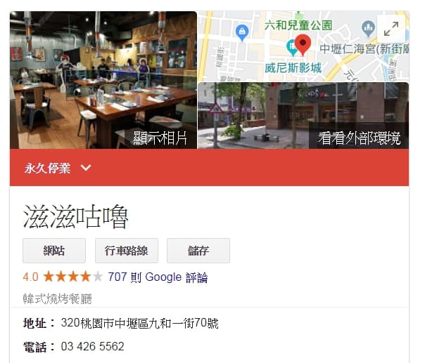 查看「滋滋咕嚕」中壢店的Google資訊,上方確實寫著「永久停業」。(翻攝自Google)