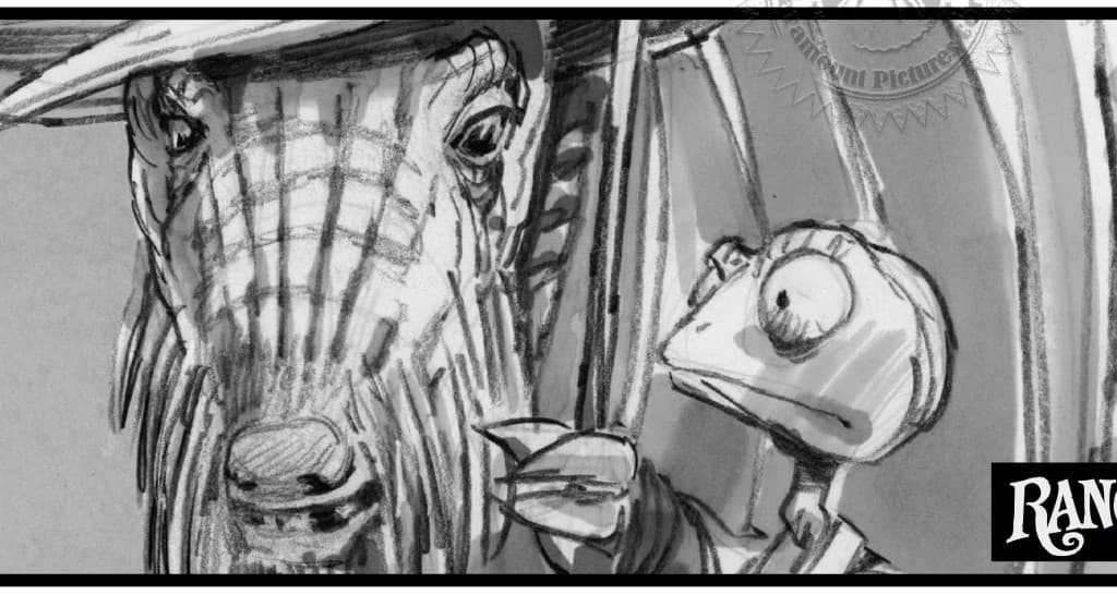 動畫片的製作流程很獨特,分鏡插畫家要蒐集更多資料,圖為戴夫勞瑞參與的動畫長片《飆風雷哥》的劇照和分鏡圖。(翻攝自animationguild.org)