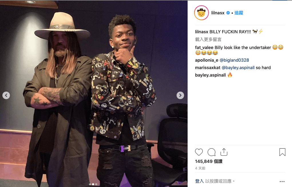因為〈Old Town Road〉爆紅,比利雷希拉(左)馬上被唱片公司找來幫腔,跟「Little Nas X」製作混音版,希望可以再掀一波熱潮。(翻攝自「Little Nas X」官方Instagram)