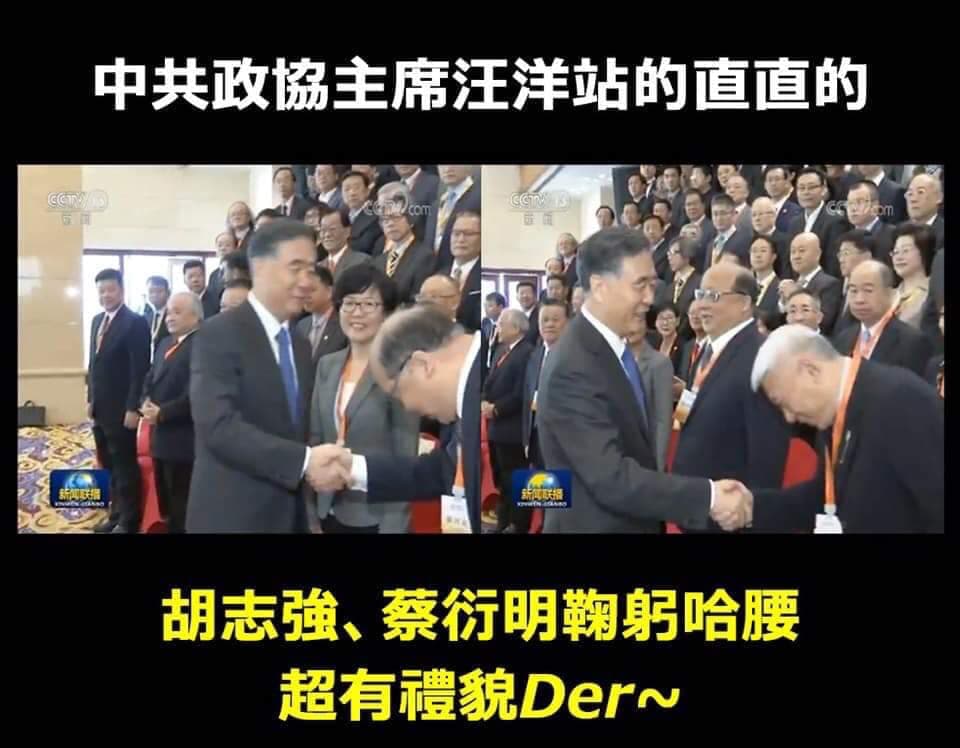 李安妮在臉書貼出網路流傳的蔡衍明、胡志強見中國政協主席汪洋彎腰鞠躬的圖片。(翻攝李安妮臉書)