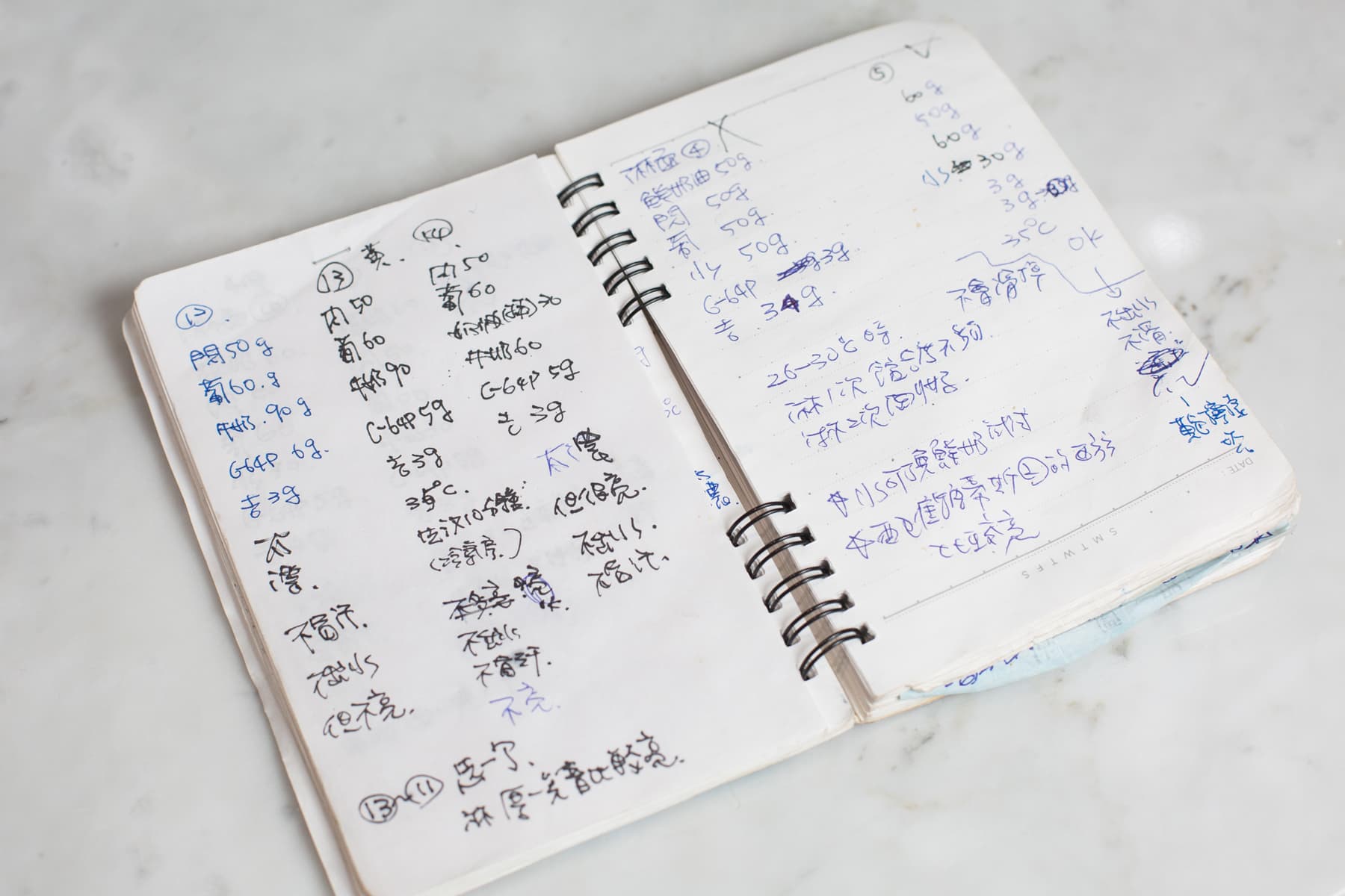 Rico有個小筆記本記錄每次的配方與烤出來的結果。 