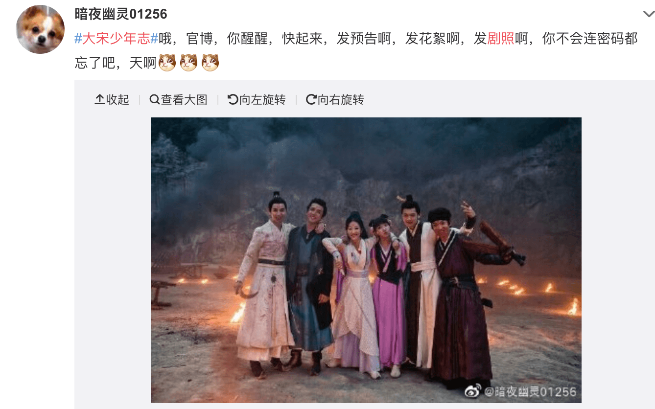 《大宋少年志》臨時上檔,官方最新微博還停在5月4日,被網友吐嘈連劇照都來不及做。(翻攝自微博)