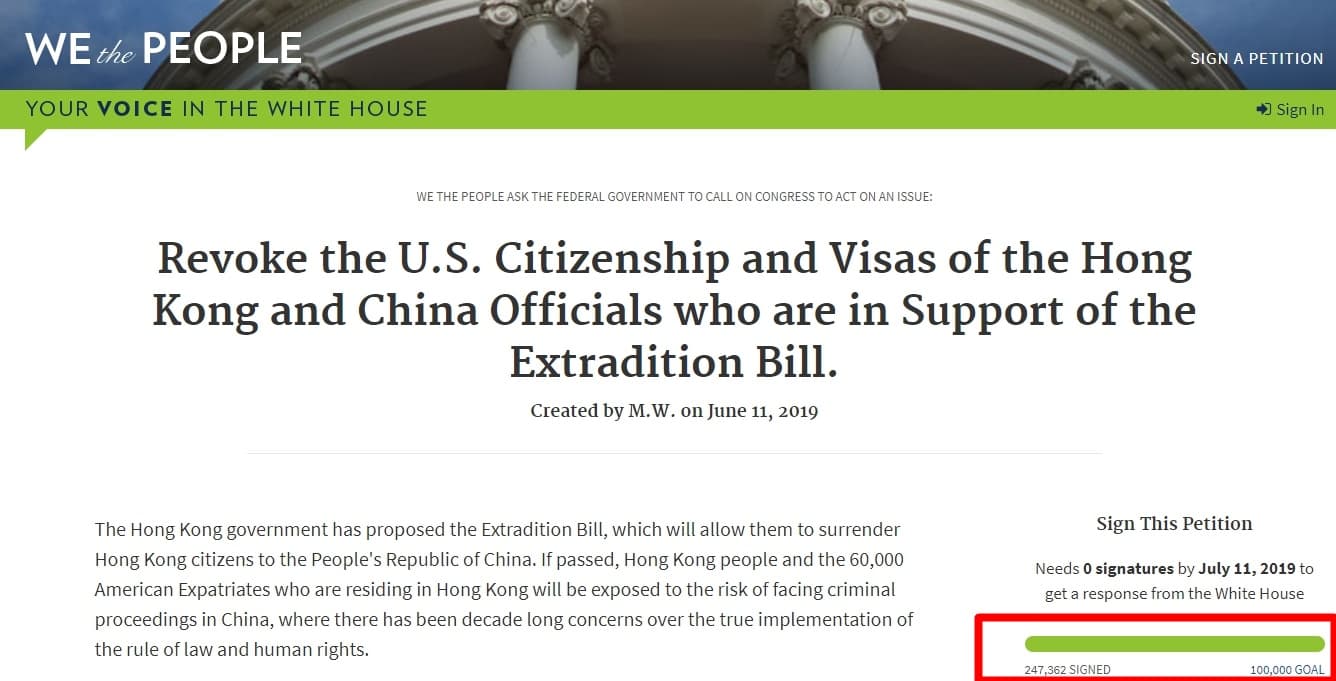 美國有民眾發起請願連署,要求撤銷支持《逃犯條例》的中國和香港官員的美國公民身分及簽證。(翻攝自WE the PEOPLE)