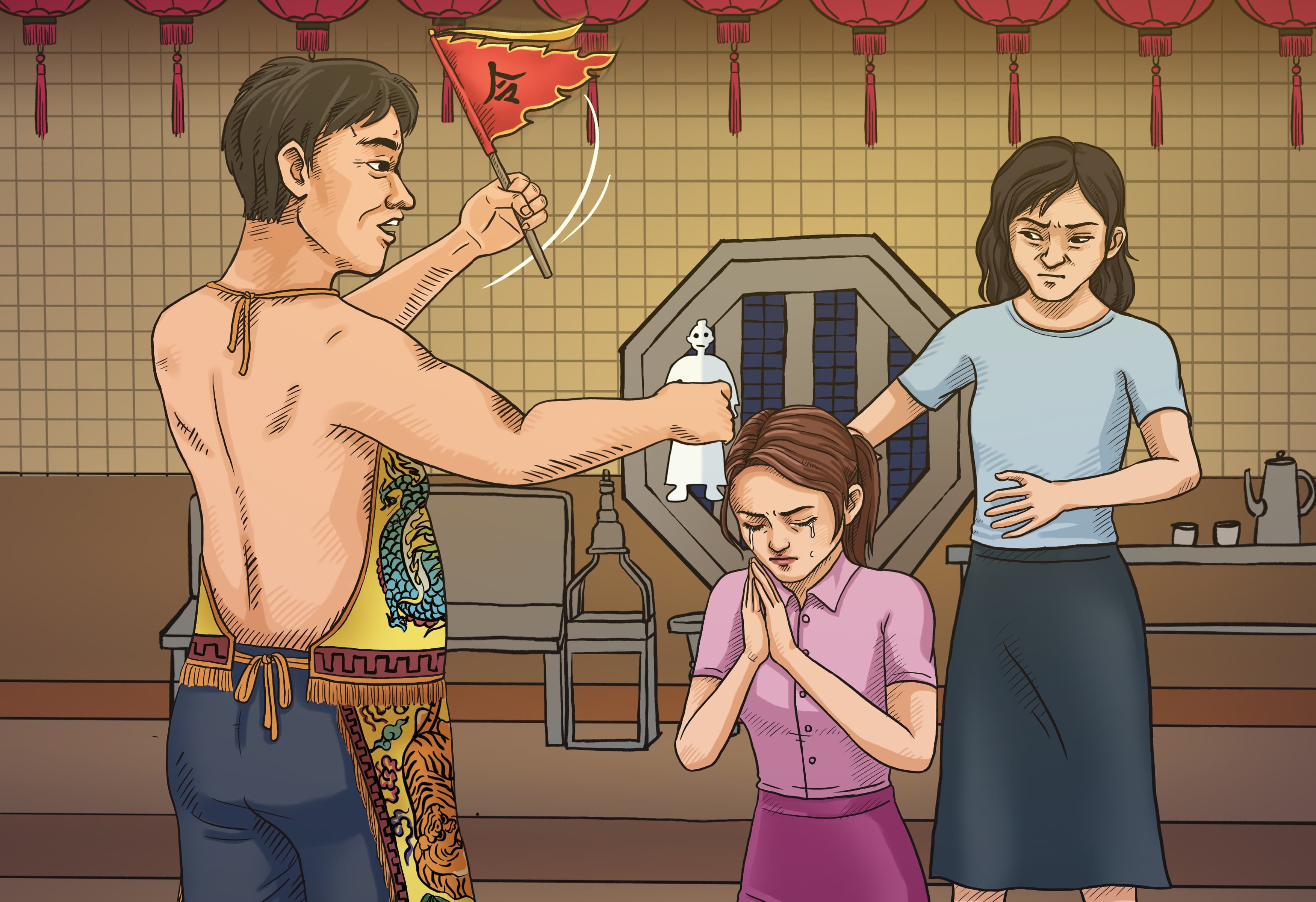 屏東縣潘姓乩童一開始先誆騙失戀的女信徒小美(化名),胡扯用紙紮人沾體液施法術,可以讓男友回心轉意。(示意畫面)