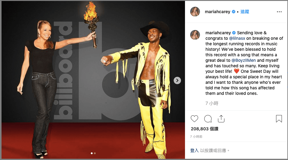 身為被紀錄被超越的前輩,瑪麗亞凱莉大方地在Instagram貼出「交棒」的照片,恭喜「納斯小子」超車成功!(翻攝Mariach Carey官方Instagram)