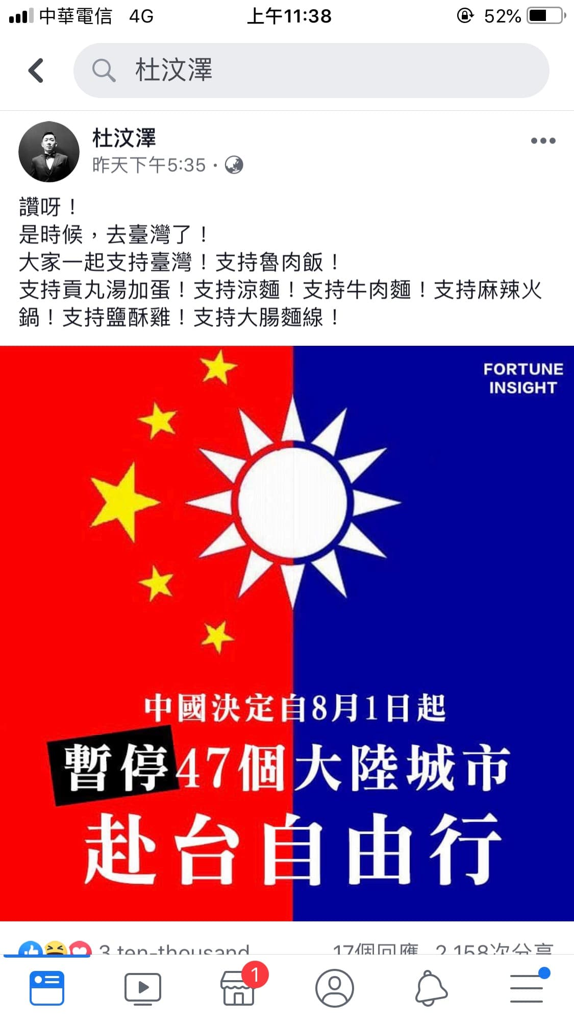 杜汶澤熱愛台灣,知道大陸停發放旅台自由行簽證給中國境內47座城市的民眾,立即在臉書發起支持台灣運動,叫港人來台灣消費。(翻攝杜汶澤臉書)