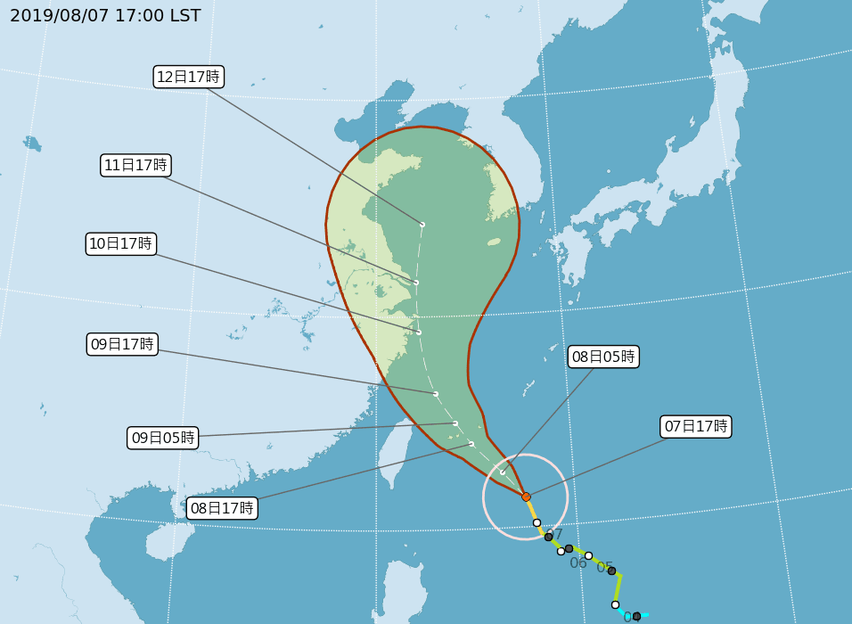 中颱利奇馬往西北移動,強度持續提升。(翻攝中央氣象局)