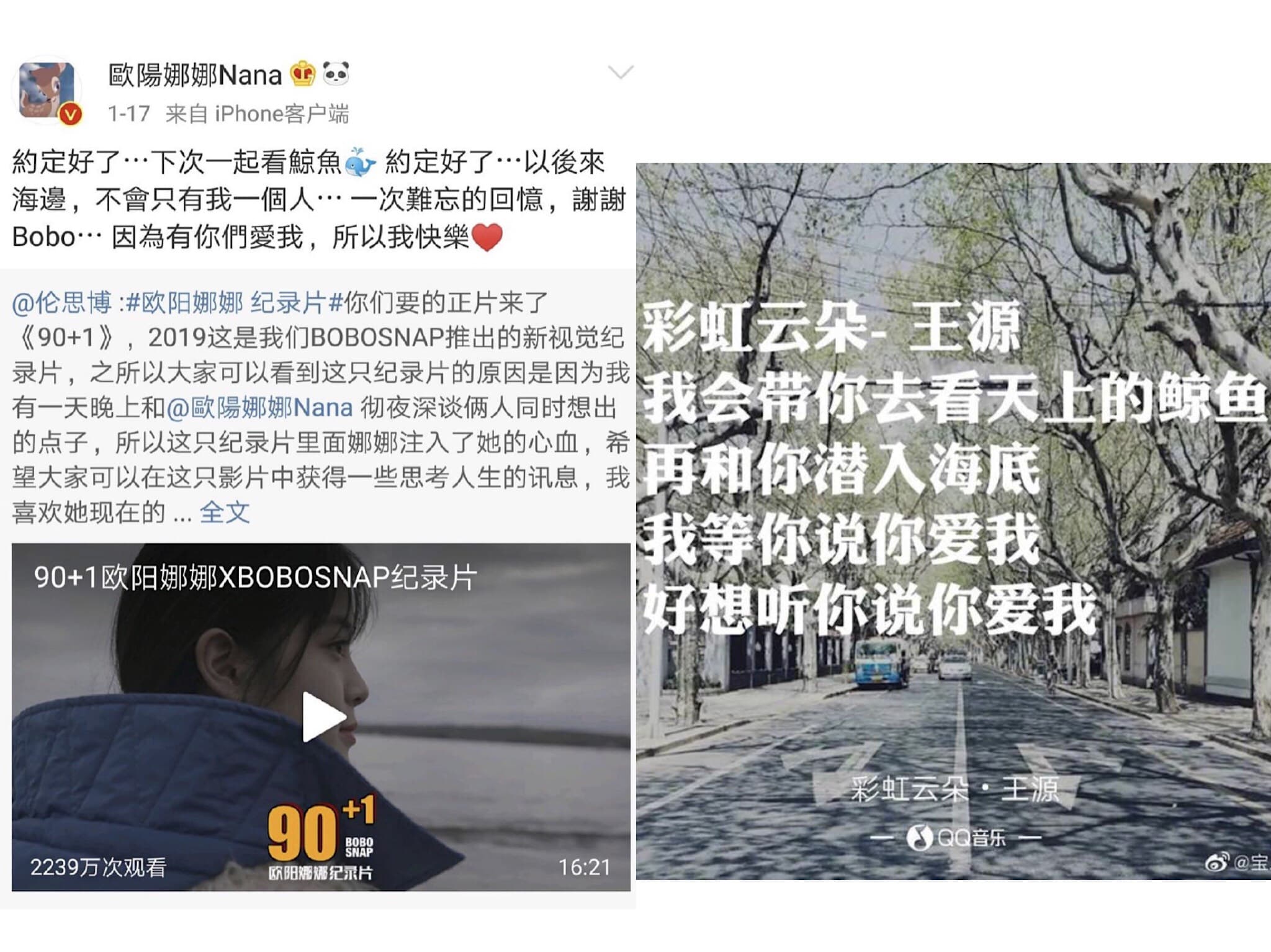 歐陽娜娜曾經透露想跟喜歡的人一起去看鯨魚,跟王源新歌歌詞雷同。(左圖翻攝自歐陽娜娜微博、右圖翻攝自寶二姨微博)