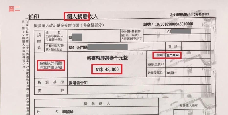 顯示屬於個人捐贈收入,金錢以外捐贈折算時價金額,等於43000元整,種類為金門高粱。(韓國瑜競選辦公室提供)
