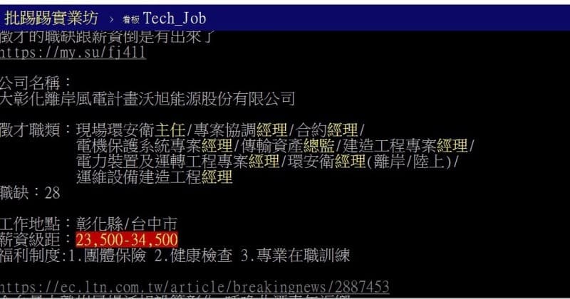 沃旭能源的低薪徵才掀起網友熱議,後被證實是誤植。(翻攝自批踢踢)