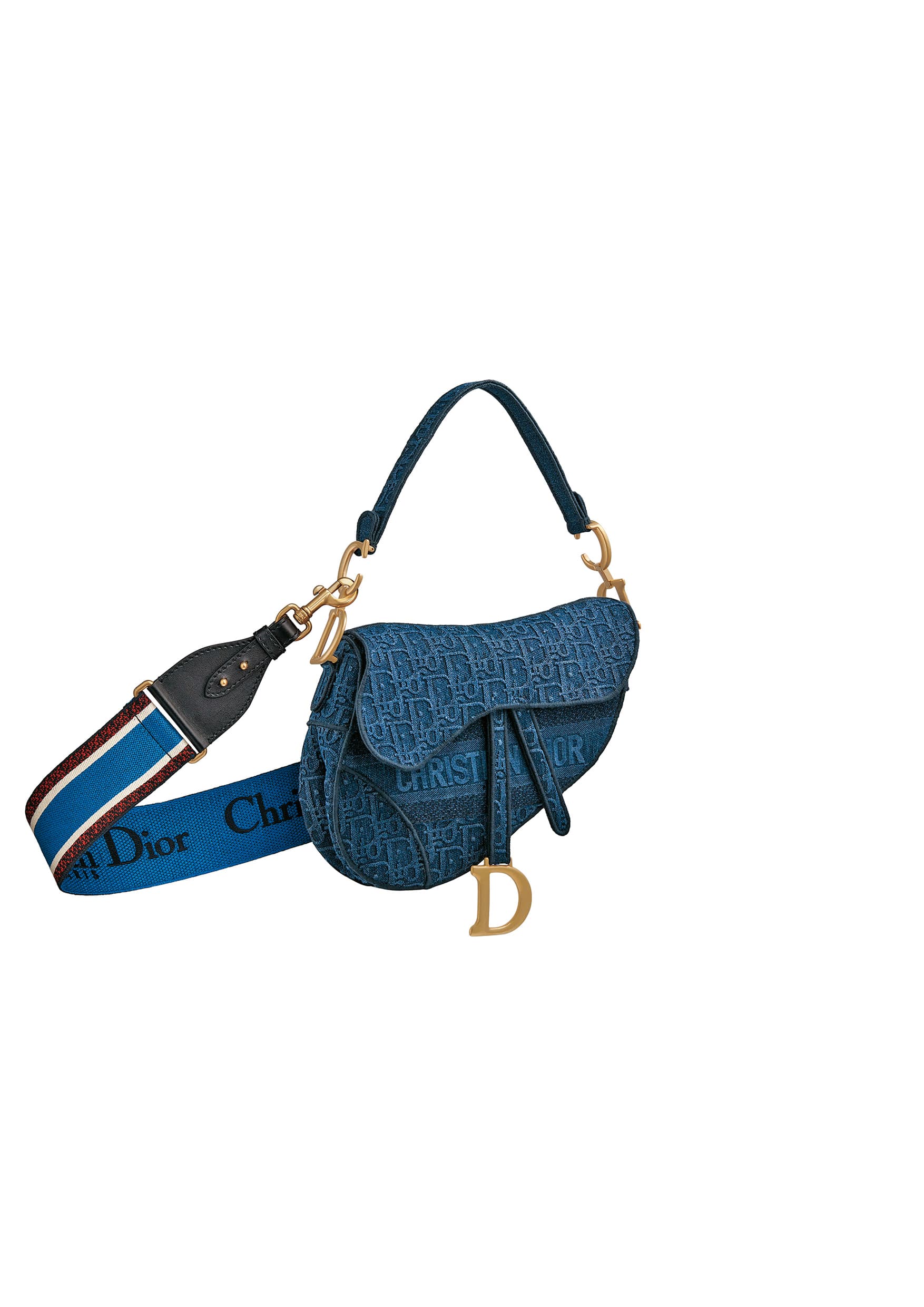 Dior Saddle Oblique丹寧斜紋刺繡帆布馬鞍包（藍色刺繡寬背帶另購）NT$120,000（Dior提供）