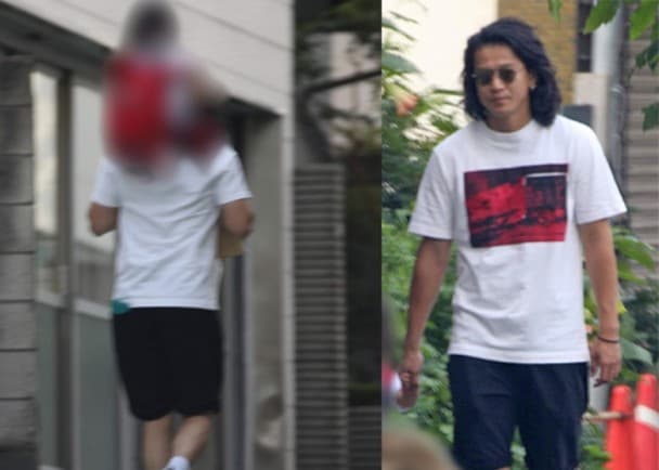 小栗旬去年到幼稚園接小孩下課,將女兒搭在肩頭超帥氣。(翻攝自網路)