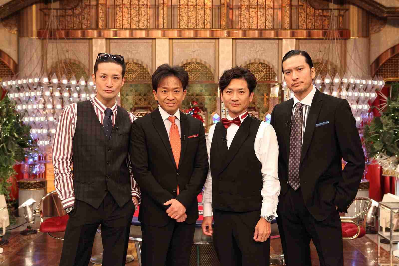 TOKIO在山口達也退出後剩4名成員,在城島茂(左二)結婚後,單身漢就剩下松岡昌宏(左一)與長瀨智也(右一)了。(網路圖片)