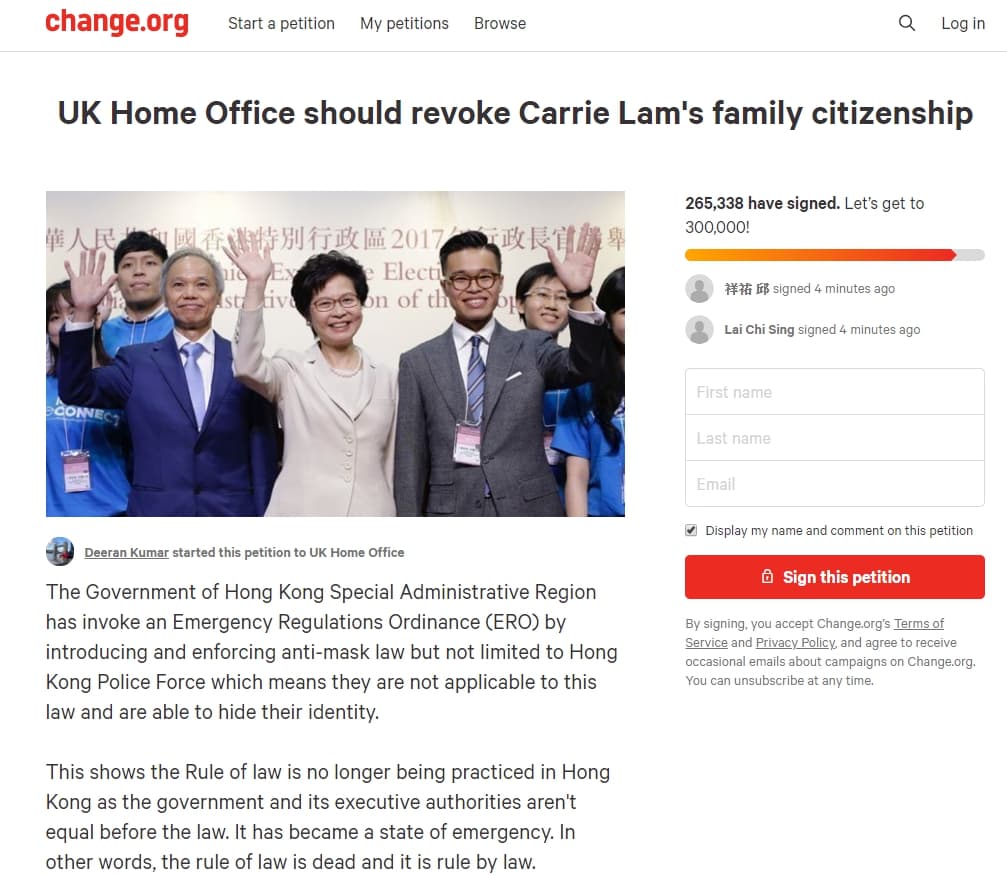 英國民眾Deeran Kumar在「世界變革平台(Change.org)」發起連署,要求英方撤銷香港特首林鄭月娥一家的英國國籍。(翻攝自https://www.change.org網頁)