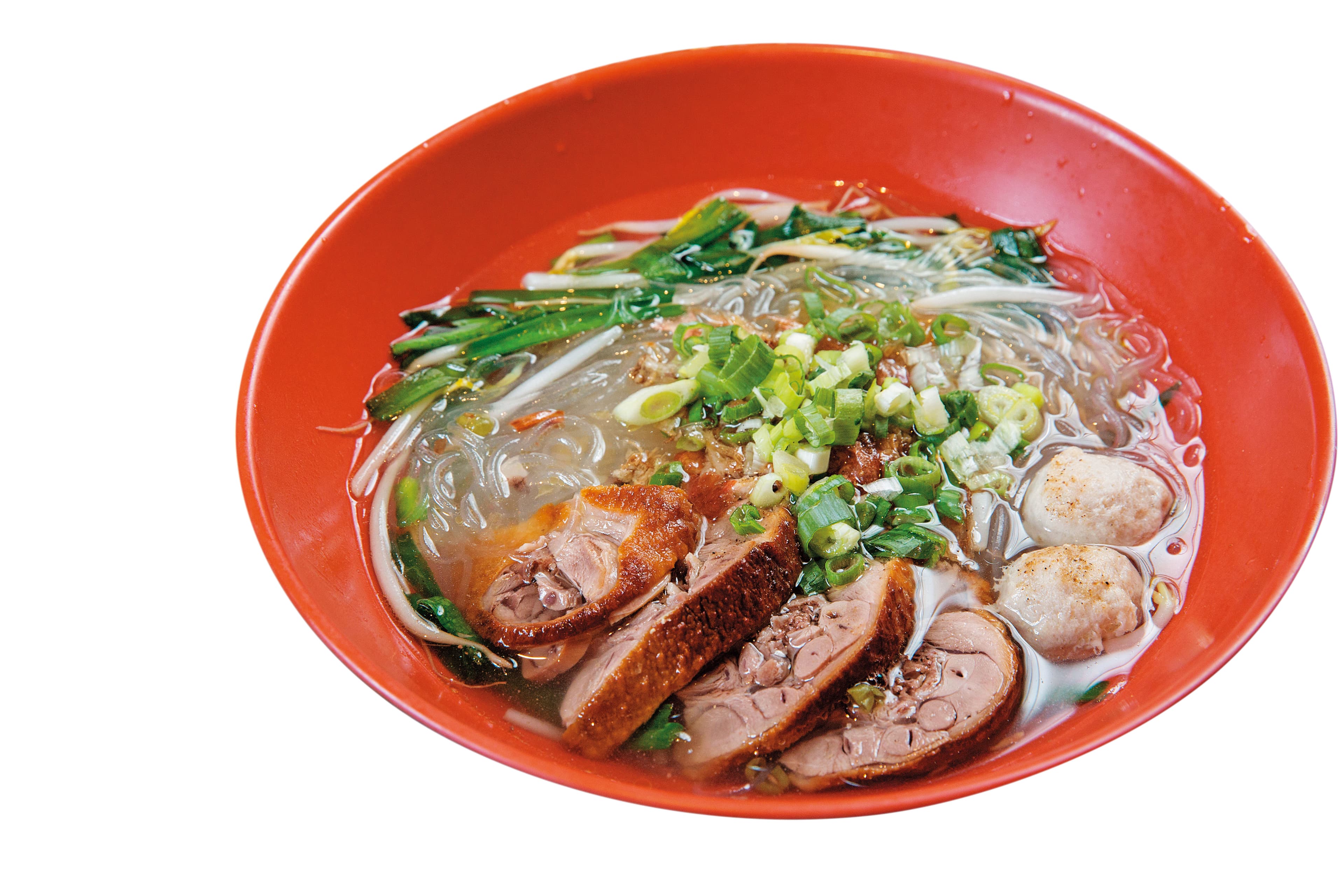 鴨肉冬粉,清湯裡有帶骨鴨肉的甘甜,配上油蔥,就是一碗古早味。(65元/碗)
