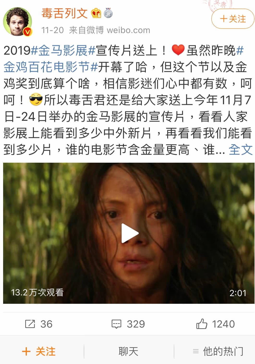 大陸資深影評人列文認為金雞獎含金量連金馬獎都不如。（翻攝自微博）