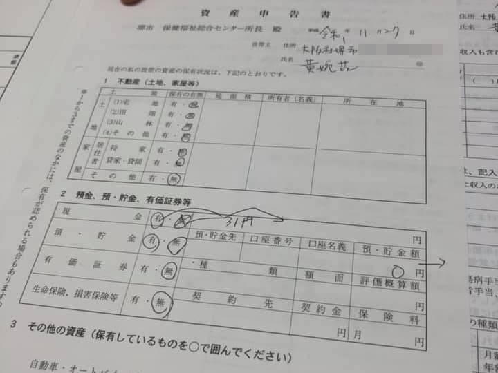 寶靈臉書po出資產申告書，依填寫的資料顯示，全身盤纏只剩31日元（約新台幣9元）。（翻攝自黃寶靈臉書）