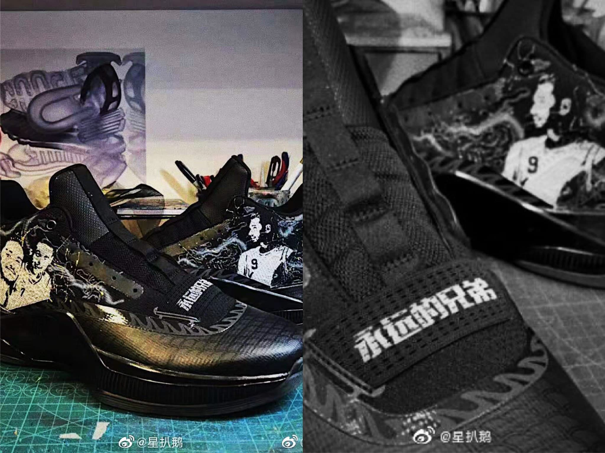 林書豪今晚在CBA有賽事,特地穿上印有與高以翔合影的球鞋出賽。(翻攝自星扒鵝微博)
