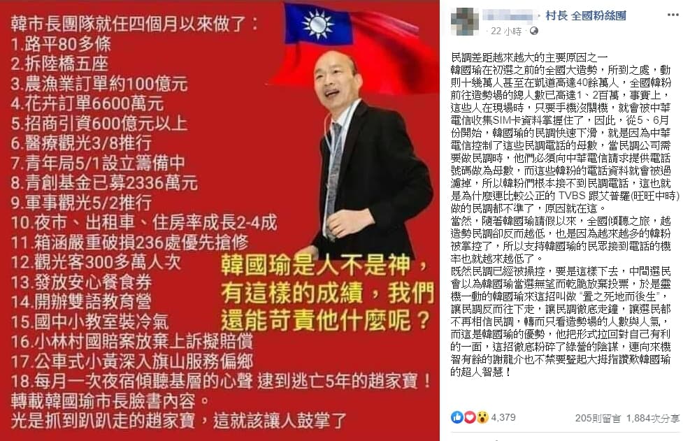 韓粉於臉書社團散布韓國瑜民調低迷的原因,但遭到中華電信打臉。(翻攝自臉書)