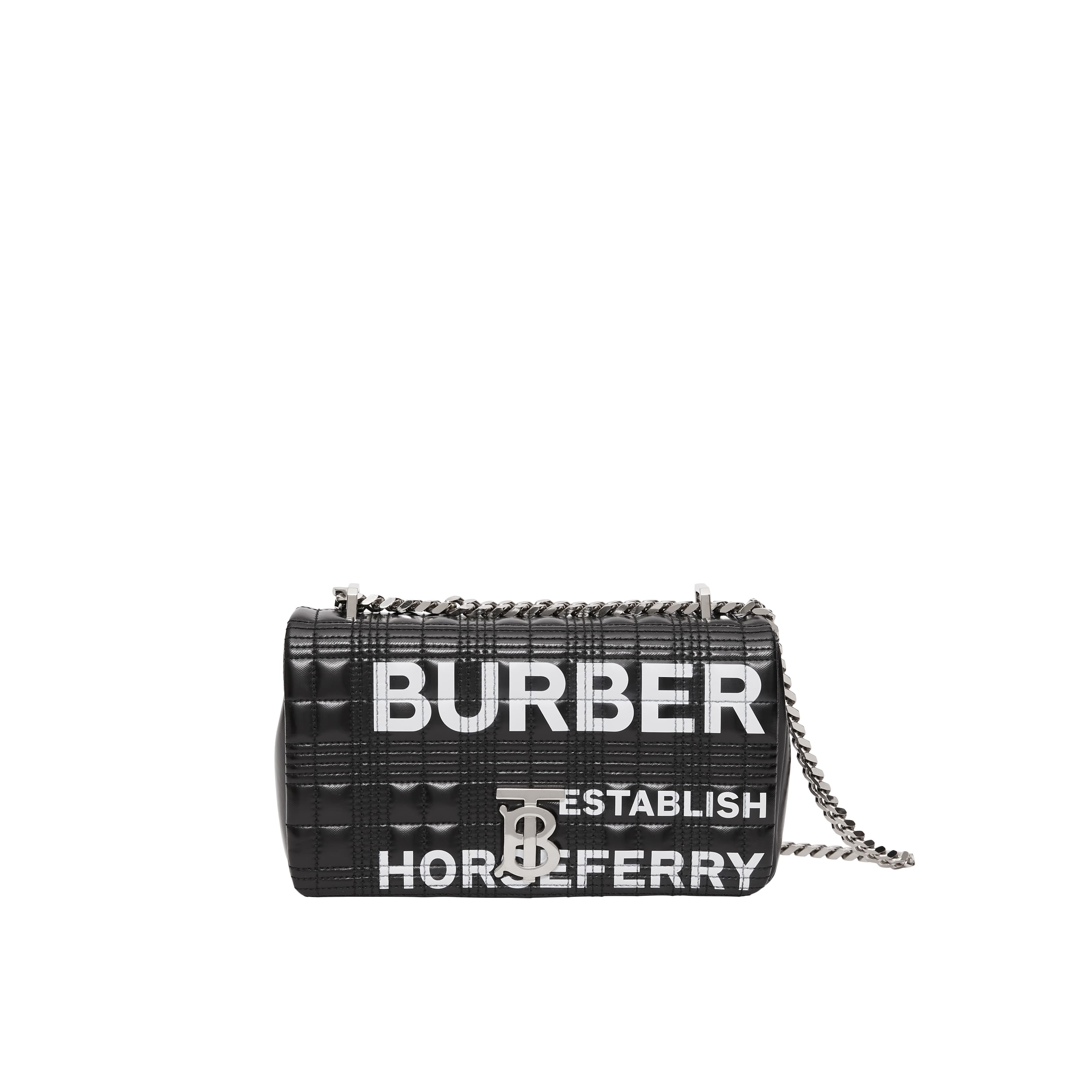 黑色小型Horseferry印花絎縫格紋Lola包。NT$55,000(BURBERRY提供)