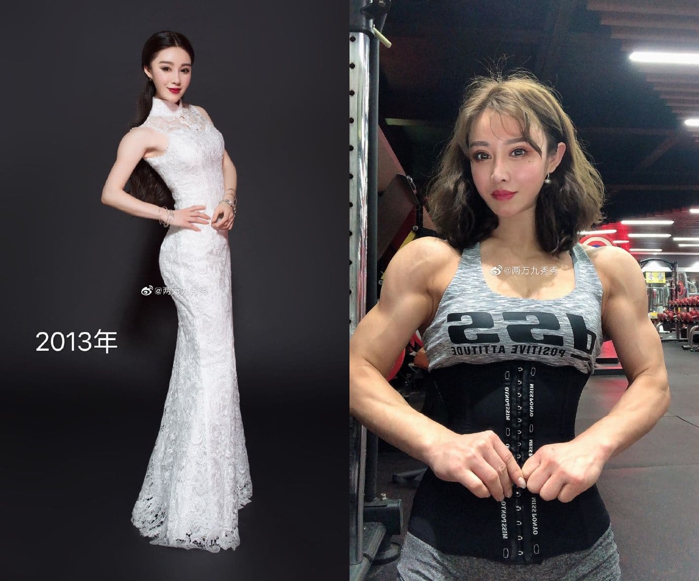 袁合榮原先身材纖細,近年愛上健身後練出一身健美肌肉。(翻攝自「两万九秀秀」微博)