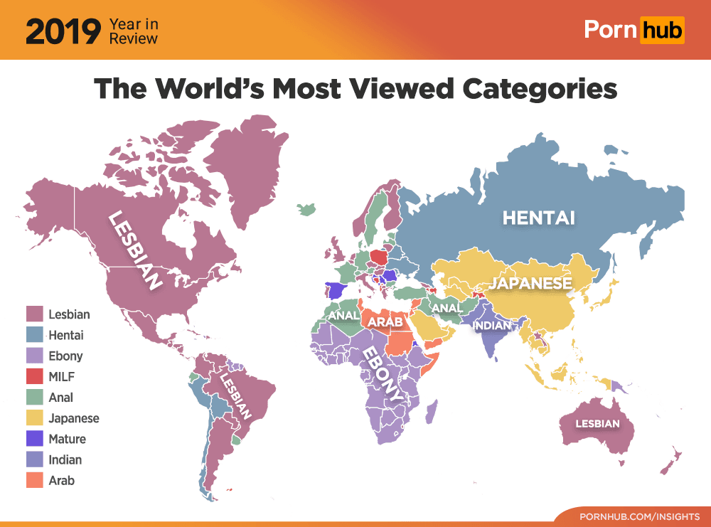 PornHub所整理出的「世界各國最多人觀賞的類別」。(翻攝PornHub Insights)