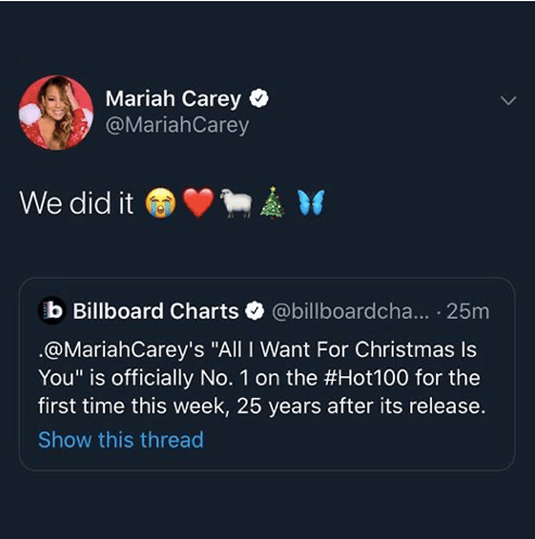 25年後單曲終於奪冠,瑪麗亞凱莉在推特上也不禁喜極而泣。(翻攝Mariah Carey官方推特)