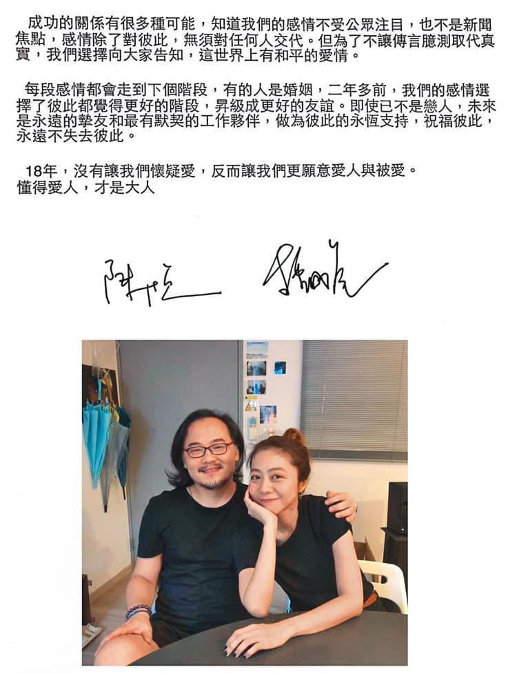 去年五月,陳綺貞(右)才公布與交往十六年的音樂人男友鍾成虎(左)已分手二年。(翻攝自陳綺貞IG)