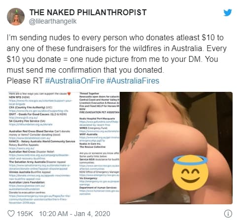 美國辣模凱倫為澳洲無尾熊發起裸照募款,還自稱裸體慈善家。(翻攝自@lilearthangelk推特)