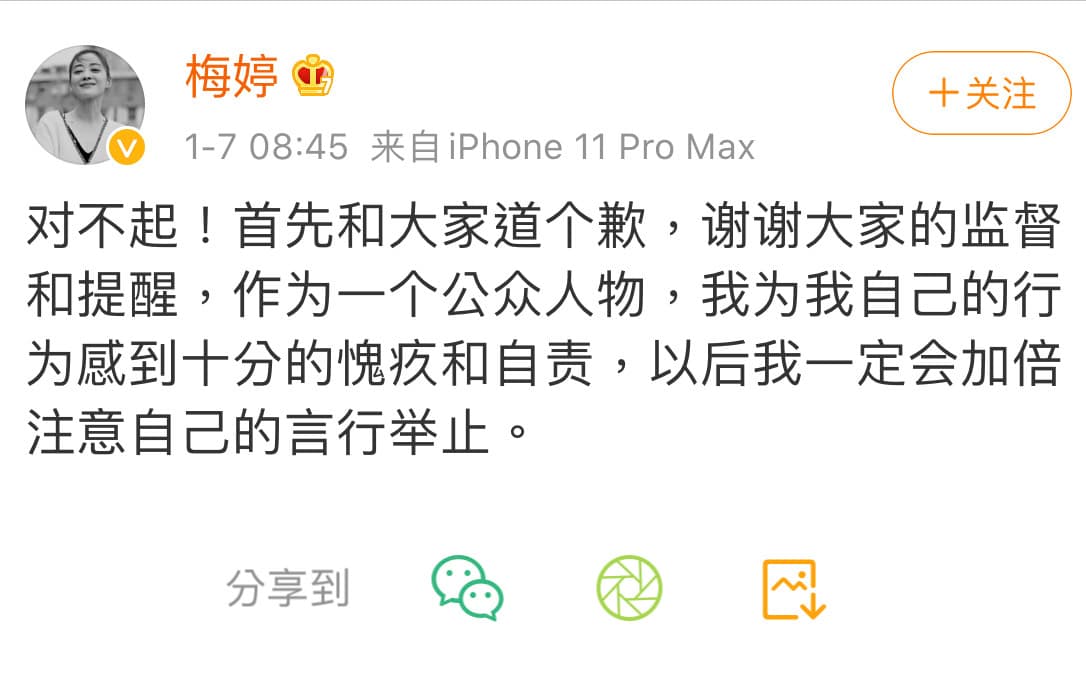梅婷事發後趕緊發文道歉。(翻攝自梅婷微博)
