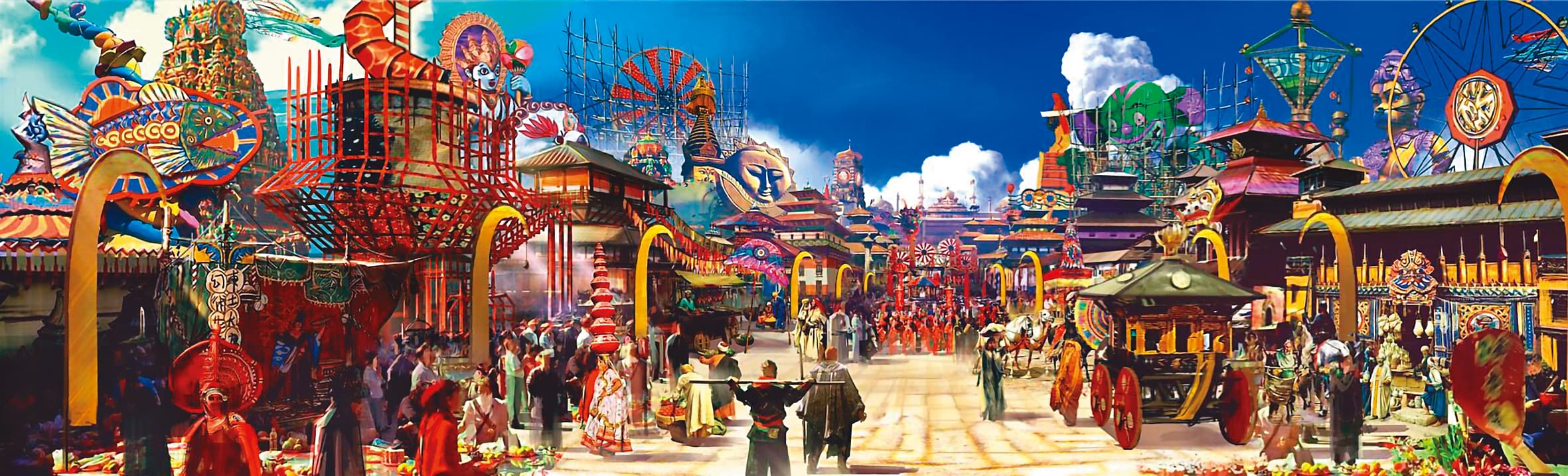 徐克執導的《西遊.伏妖篇》,由赤塚擔任藝術總監,熱鬧繽紛的比丘國場景氛圍圖,色彩鮮豔。(星輝海外公司提供)