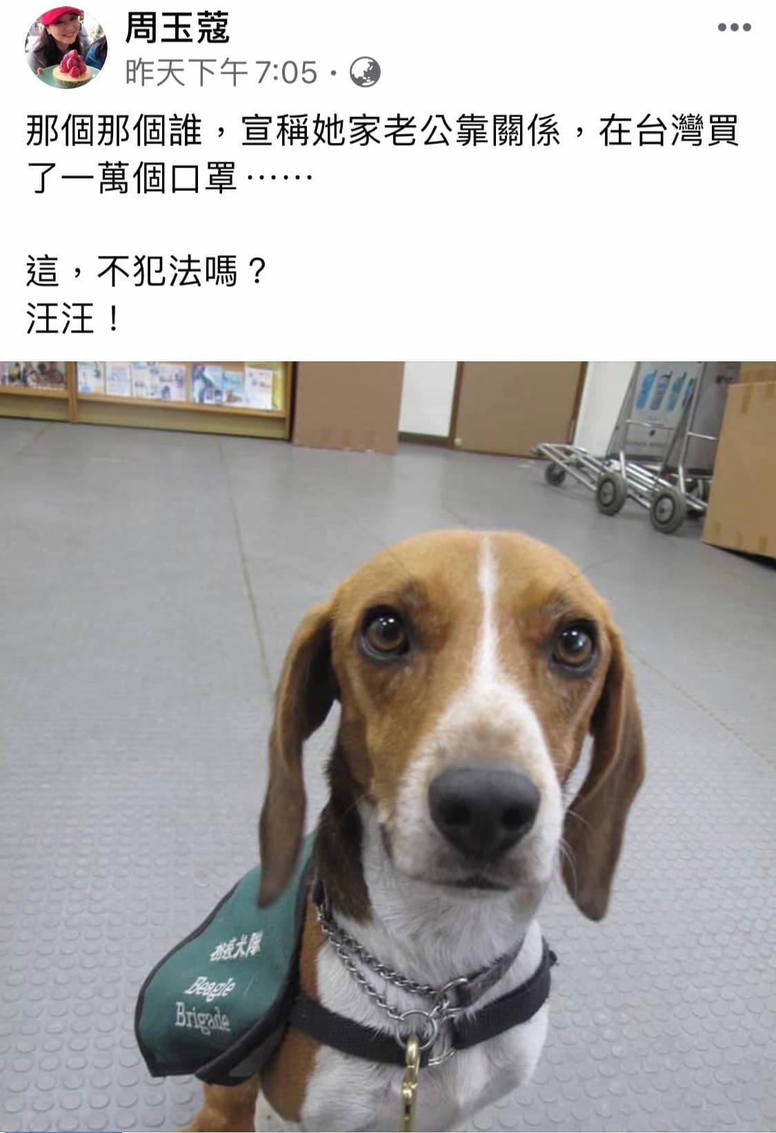 周玉蔻質疑汪小菲有囤積口罩之嫌。(翻攝自周玉蔻臉書)