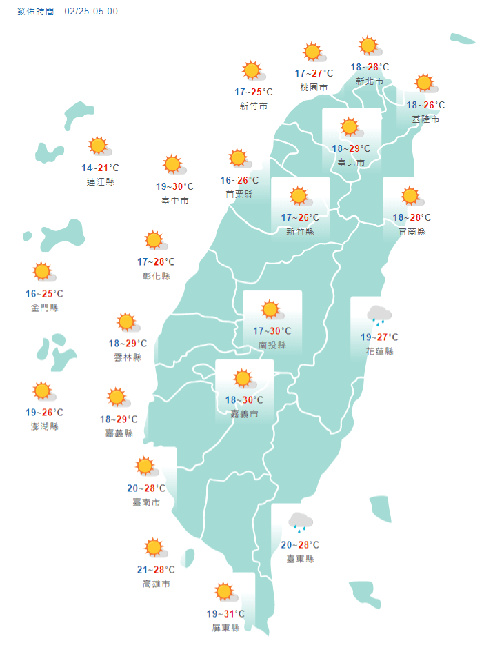 今(25日)全台各地大多為多雲到晴,僅東半部有局部短暫雨。(翻攝氣象局網站)