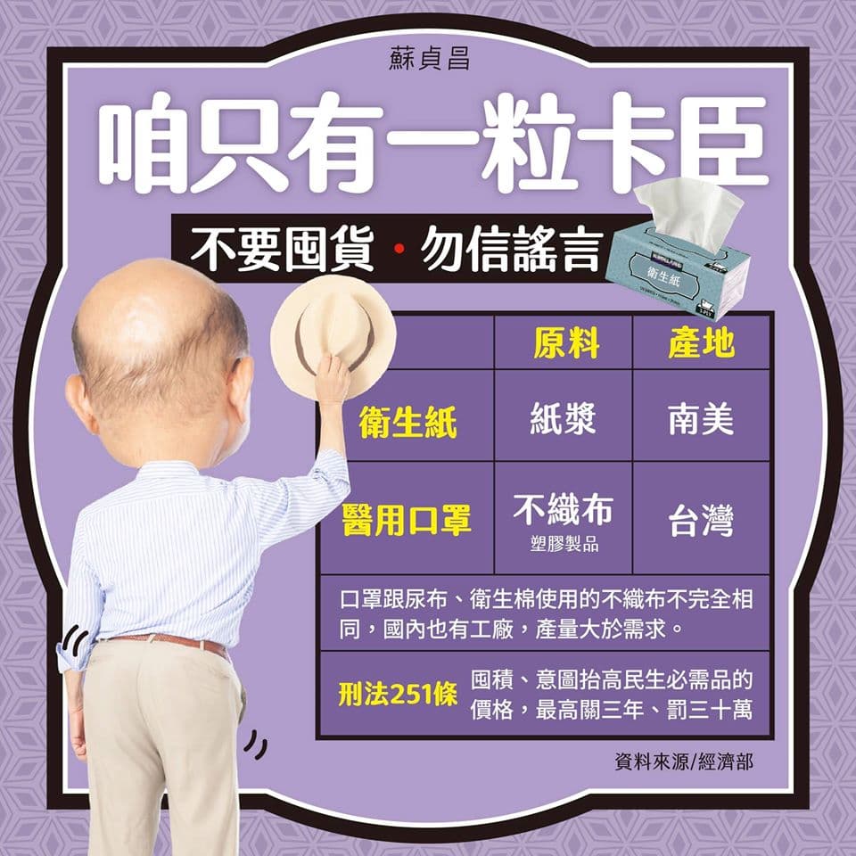 行政院長蘇貞昌2月7日在臉書貼出「咱只有一粒卡臣」文宣,宣導民眾不需要囤積衛生紙。(翻攝自蘇貞昌臉書)