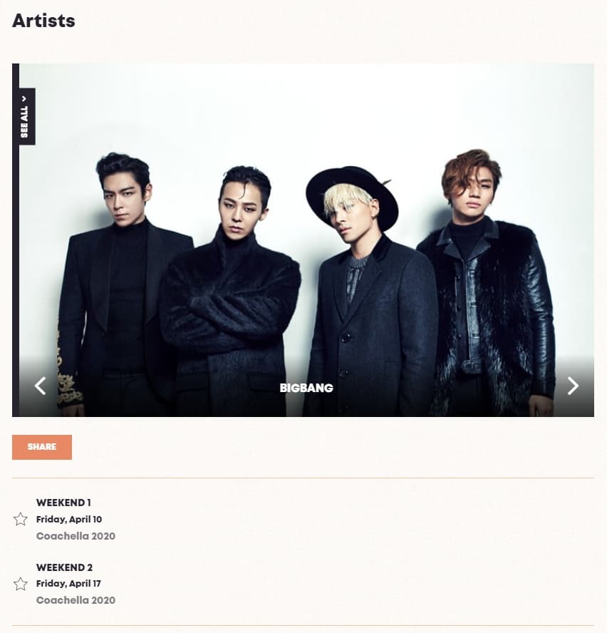 出道至今14年的BIGBANG原本計畫在4月10日和17日登上科切拉音樂節舞台。（翻攝自Coachella官網）