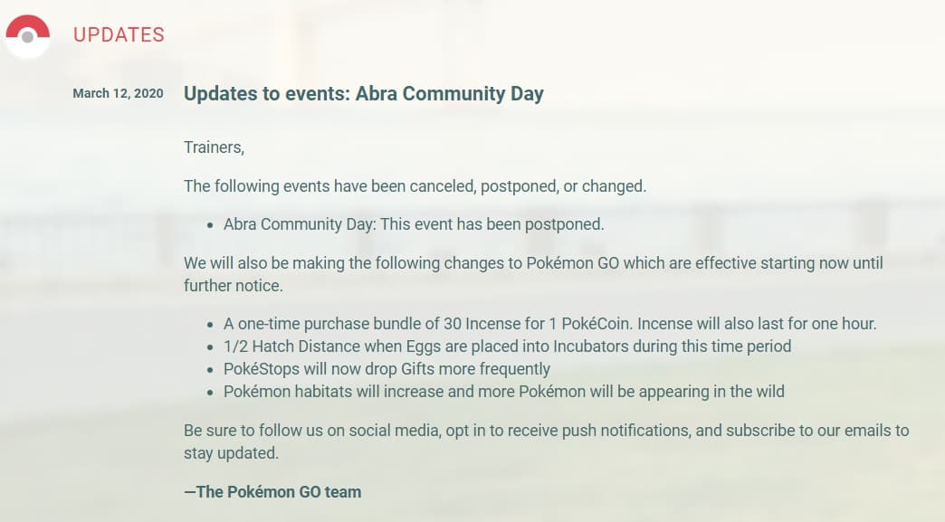 隨著近日新冠肺炎疫情再度升溫,《Pokémon Go》緊急宣布取消這次全球社群日。(翻攝自Pokémon Go)