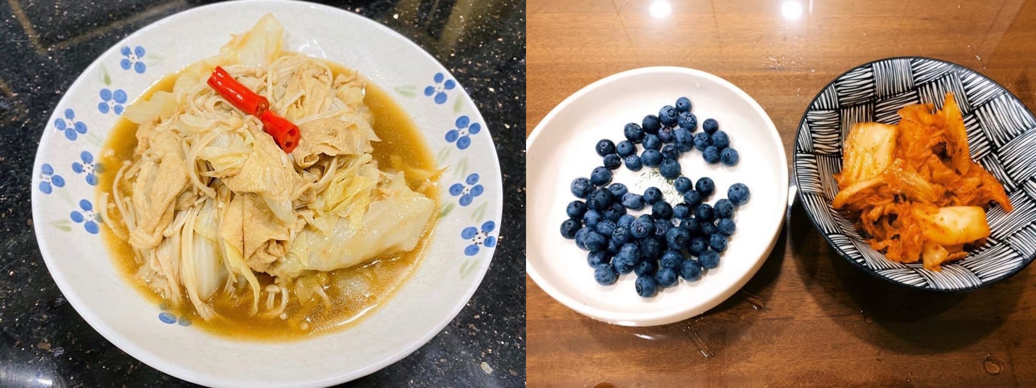 周子瑜開心分享在家吃的滷白菜、沙拉、泡菜與水果等食物。(合成TWICE IG)