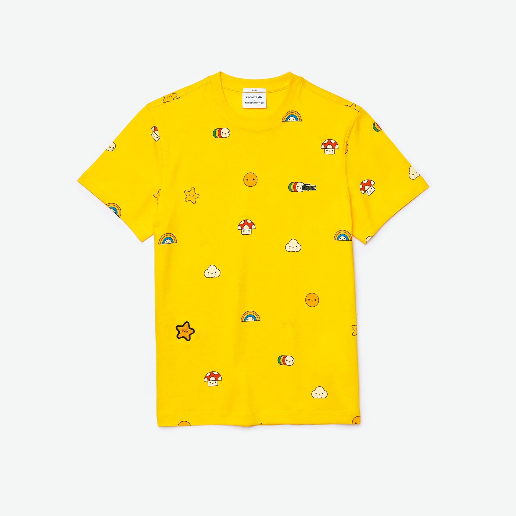 LACOSTE X FriendsWithYou黃色圓領T,NT$3,180。(LACOSTE提供)