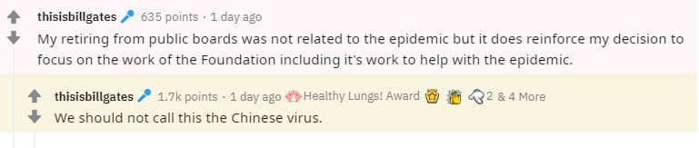 比爾蓋茲為不應該稱它為「中國病毒」。(翻攝自Reddit)