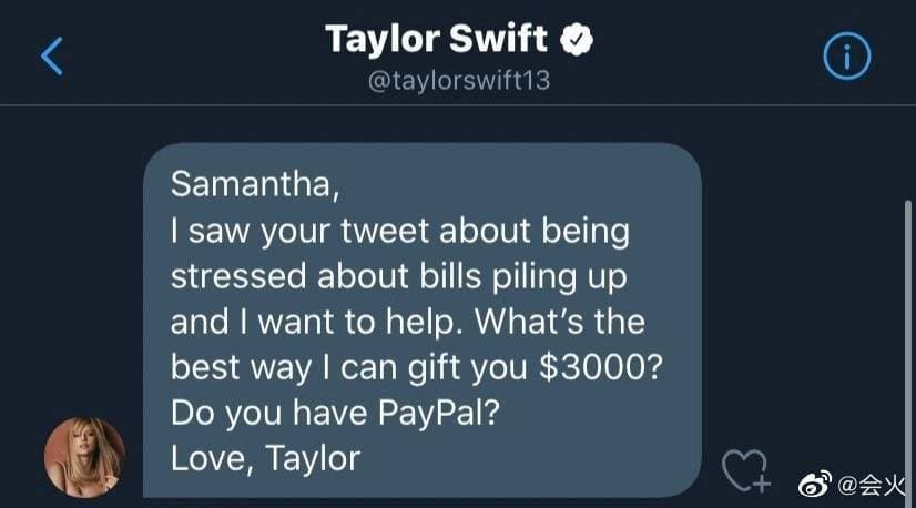 網友Samantha 截圖泰勒絲給她的私訊,詢問該怎樣捐款給她。(網路圖片)
