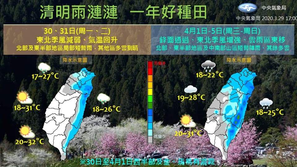 清明連續假期北部、東部恐怕陰雨綿綿。(翻攝自報天氣 - 中央氣象局臉書)