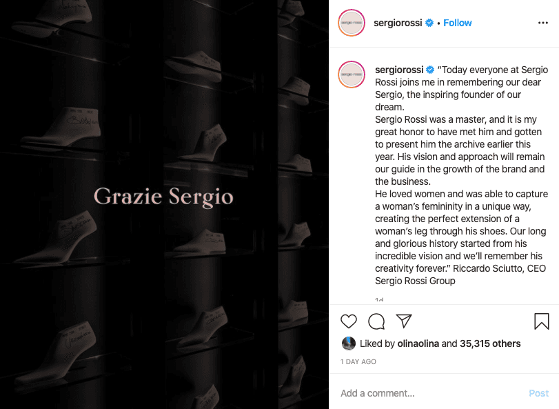 品牌現任行政總裁Riccardo Sciutto在官方IG上表示哀悼。(翻攝自Sergio Rossi IG)