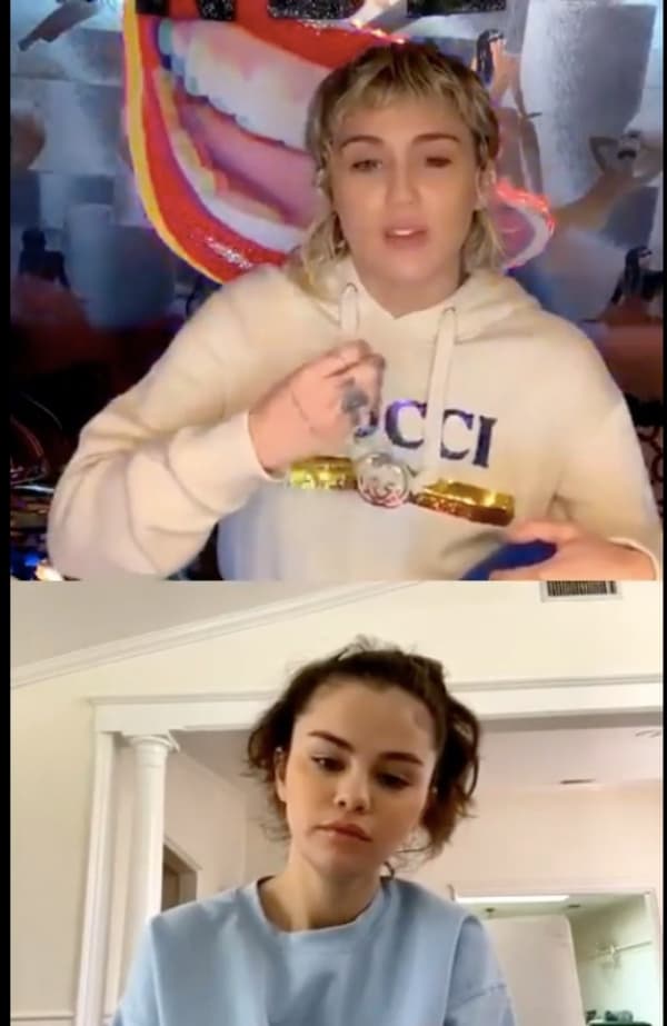 麥莉希拉(上)與席琳娜(下)在直播中大方談心。(翻攝自Miley Cyrus官方Instagram)