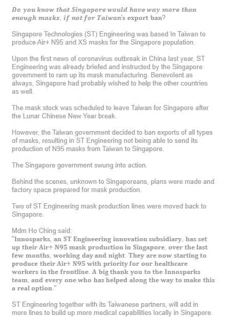 新加坡粉專控「台灣劫持口罩」,目前文章已下架。(翻攝自臉書Singapore Matters)