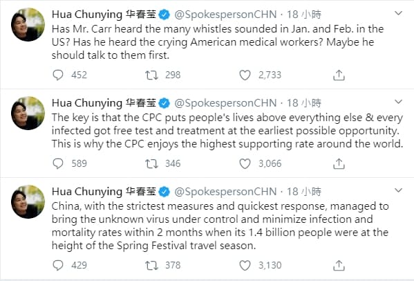 華春瑩神隱幾日後回應卡爾,卻在大讚中共防疫。(翻攝自華春瑩推特)