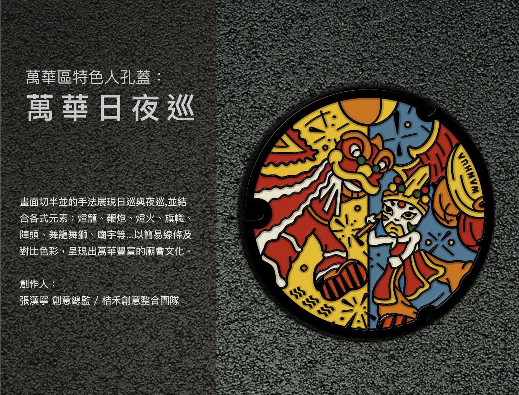 萬華區特色人孔蓋「萬華日夜巡」（取自臺北蓋水粉絲專頁）