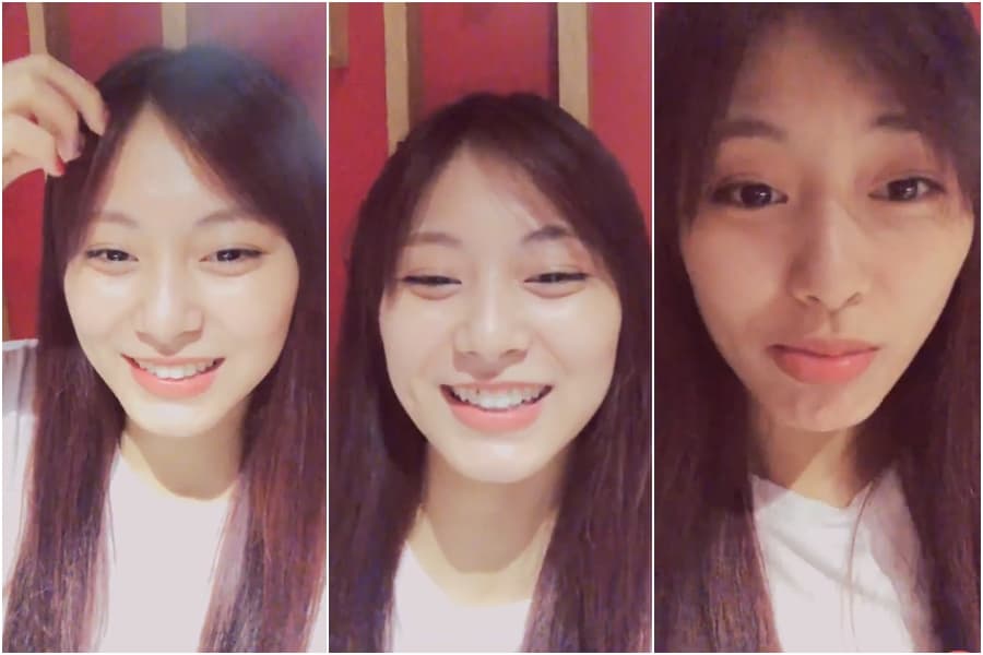 子瑜開直播久違和粉絲互動,牙縫中卻卡了菜渣。(翻攝自VLIVE)