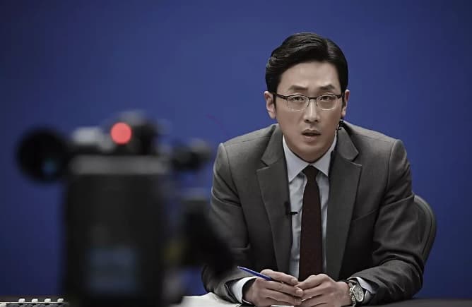 河正宇在電影《恐怖直播》飾演在播報新聞時接到恐怖份子call in電話的主播。(網路圖片)