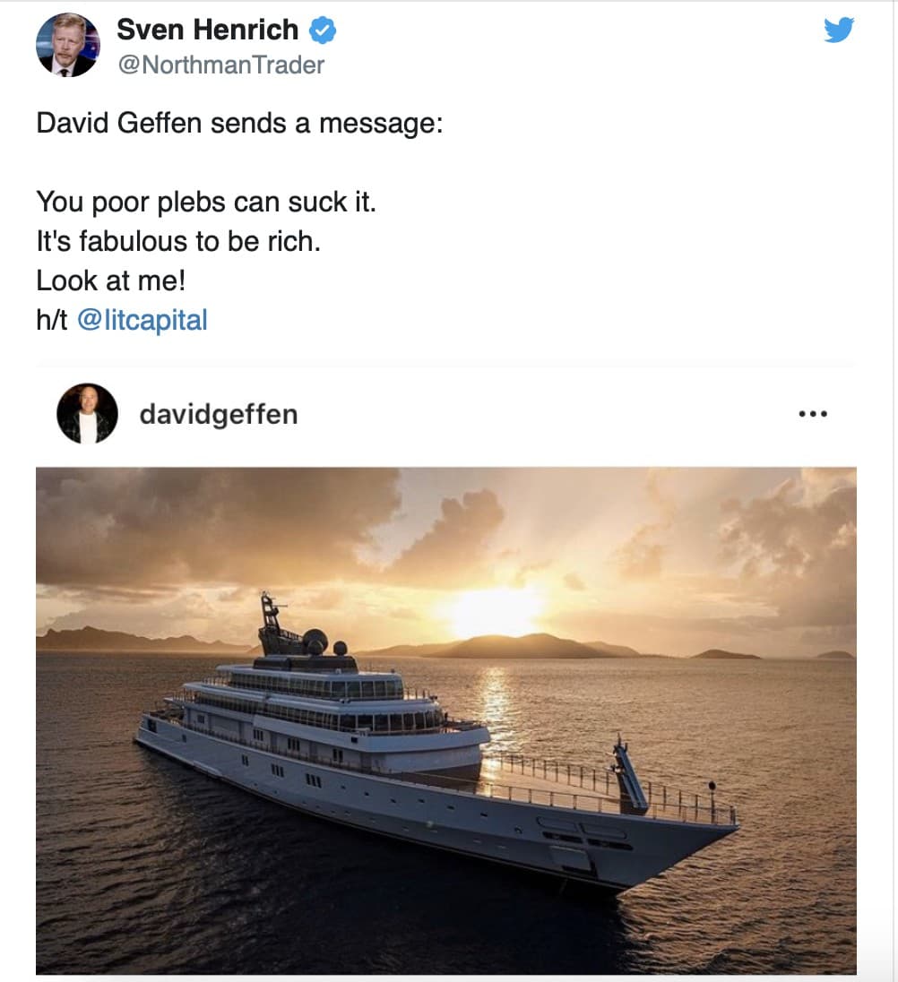 夢工廠創辦人大衛戈芬在Instagram上貼出他用無人機拍攝,在價值4億美金的遊艇「旭日號」上隔離的照片。